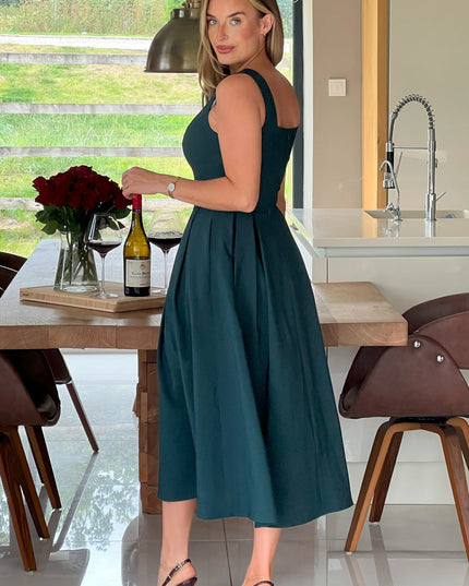 Nesta Boat Neck Skater Midi Dress- Green