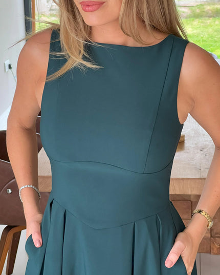 Nesta Boat Neck Skater Midi Dress- Green