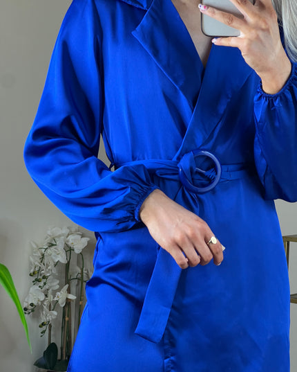 Maisie Satin Dress with Belt - Blue