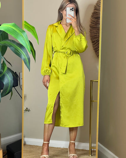 Maisie Satin Dress with Belt - Lime Green