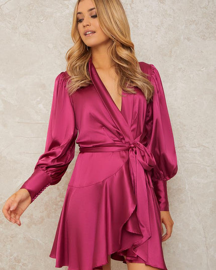 Long Sleeve Wrap Midi Dress - Fuschia
