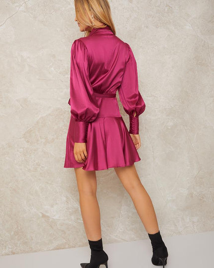 Long Sleeve Wrap Midi Dress - Fuschia