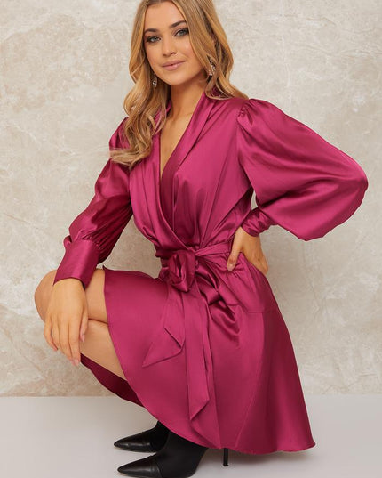 Long Sleeve Wrap Midi Dress - Fuschia