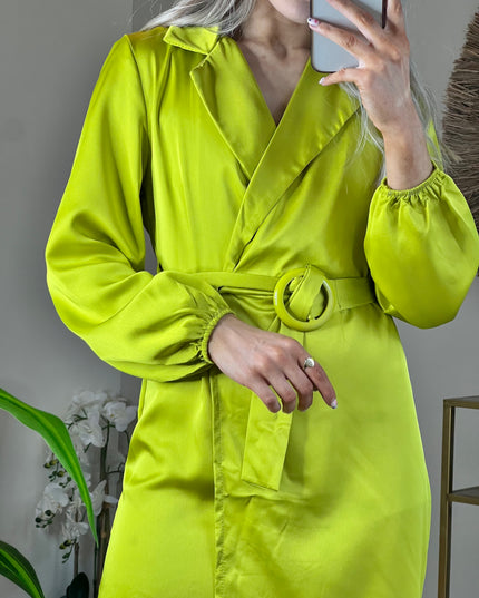 Maisie Satin Dress with Belt - Lime Green