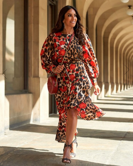 Red Leopard Floral Print Long Sleeve Asymmetric Midi Dress