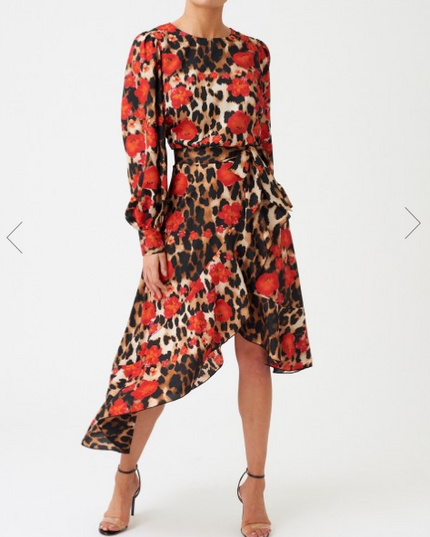 Red Leopard Floral Print Long Sleeve Asymmetric Midi Dress