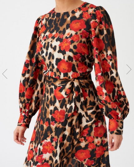 Red Leopard Floral Print Long Sleeve Asymmetric Midi Dress
