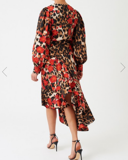 Red Leopard Floral Print Long Sleeve Asymmetric Midi Dress