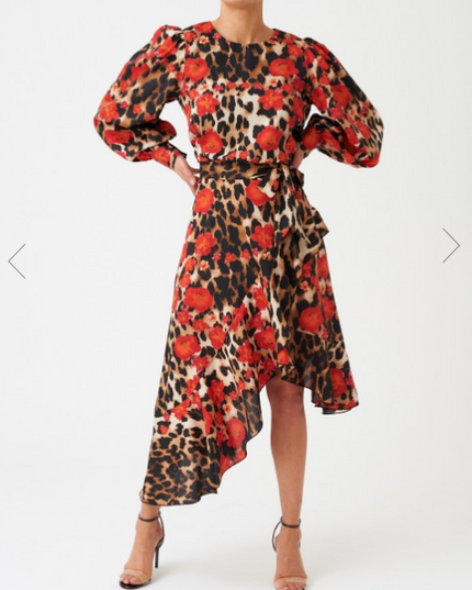Red Leopard Floral Print Long Sleeve Asymmetric Midi Dress