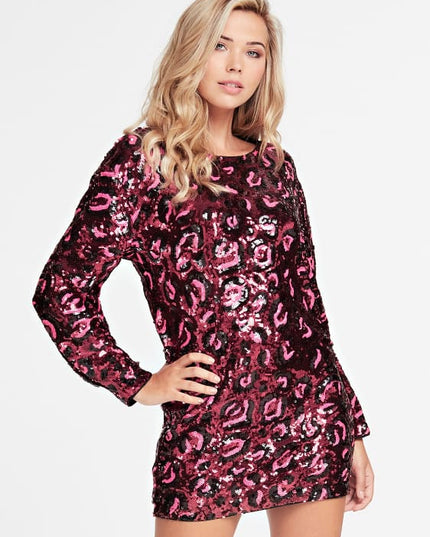 Guess Kalila Dress - Leopard Sequins Burgundy
