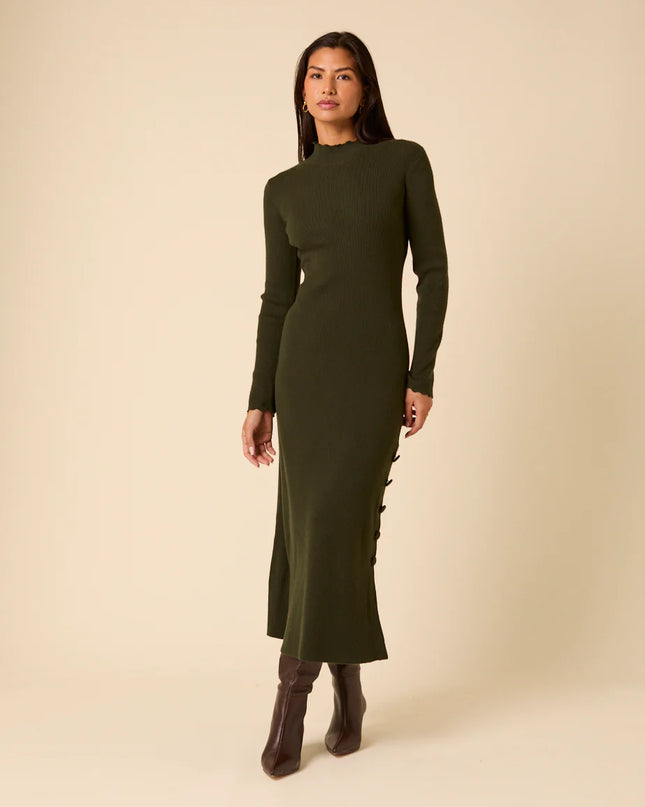Knitted Long Sleeve Midi Dress - Dark Green