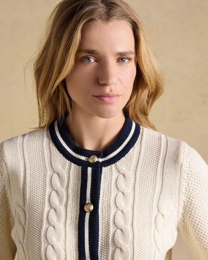 Crew Neck Cable Knit Cardigan - Cream/Navy