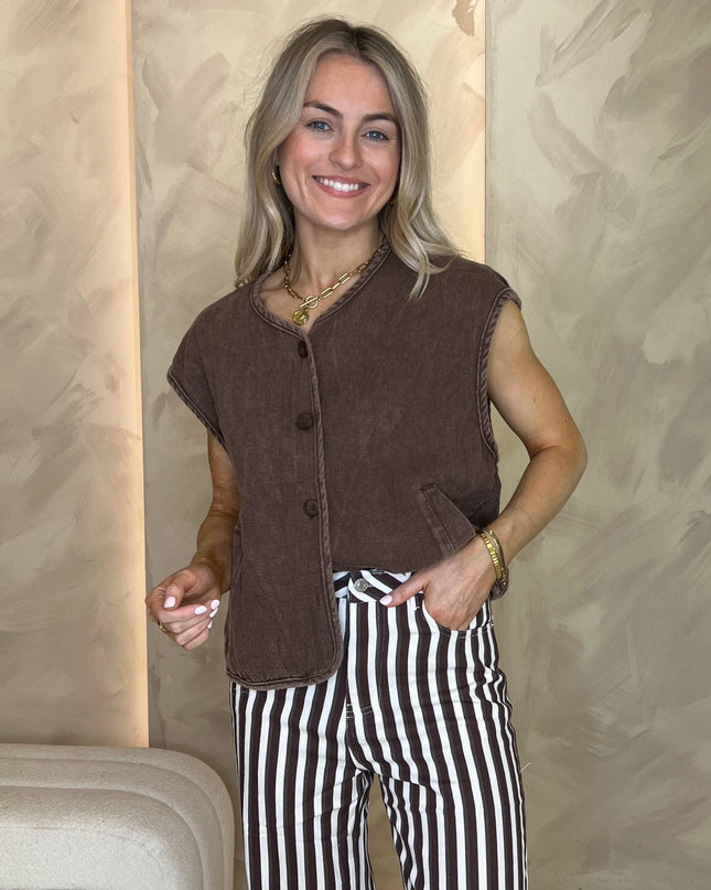 Soft Denim Sleeveless Waistcoat - Washed Brown