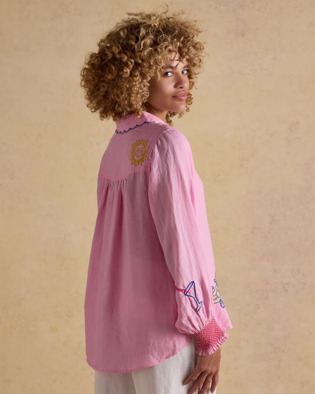 Orla Embroidered Icons Linen Shirt - Pink