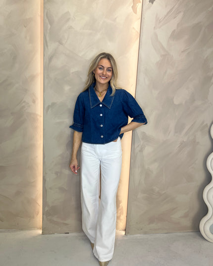 Cropped Denim Collared Top - Mid Blue