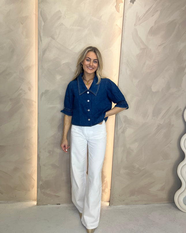 Cropped Denim Collared Top - Mid Blue
