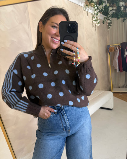 Polka Dot Quarter Zip Knit - Brown/Blue