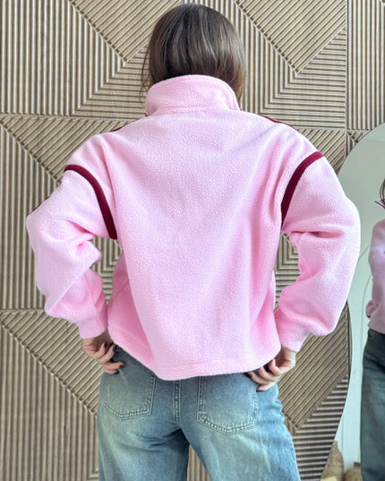 Lulu Contrast Binding 1/4 Zip Fleece - Pale Pink