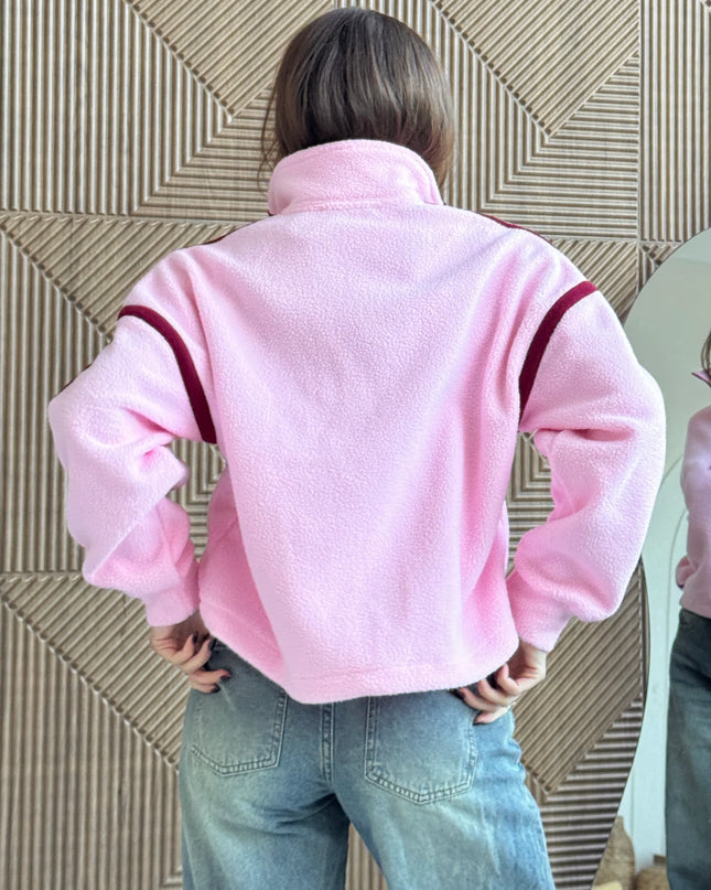 Lulu Contrast Binding 1/4 Zip Fleece - Pale Pink