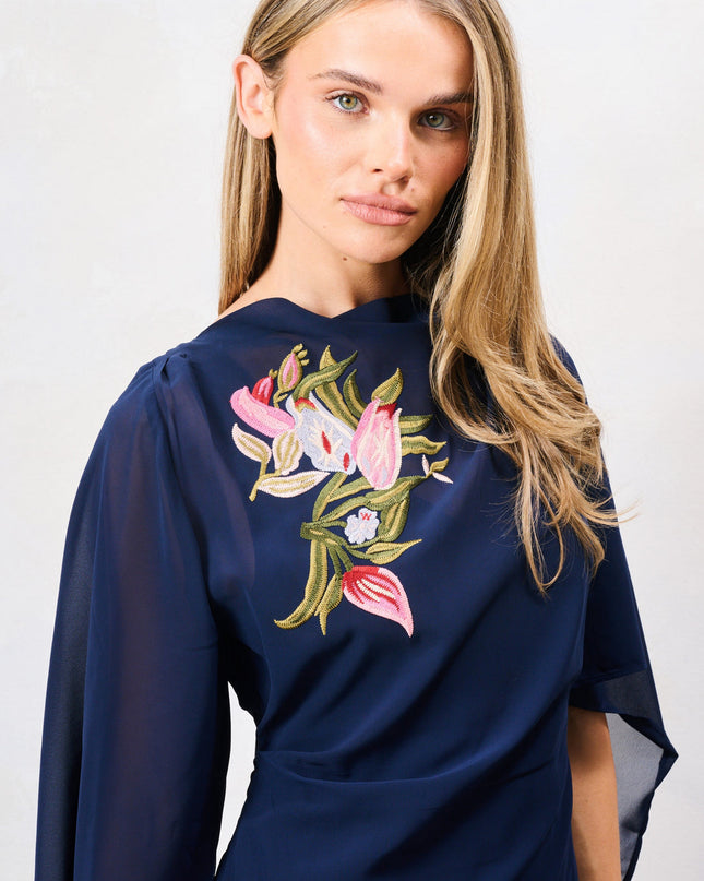 Ludmila Embroidered Caped Dress - Navy
