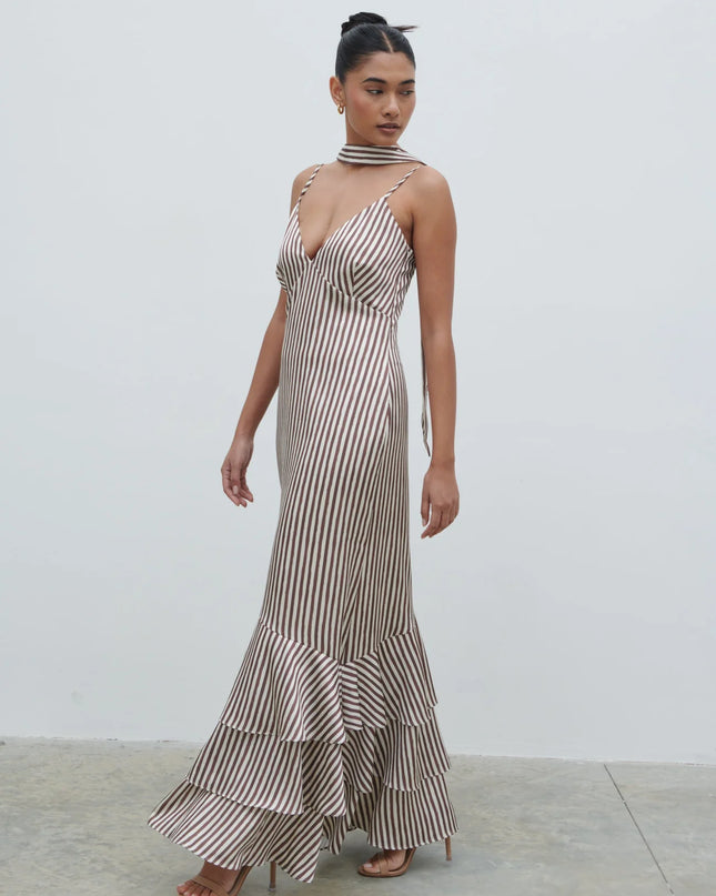 Serita V Neck Tiered Maxi Dress - Brown and Cream Stripe
