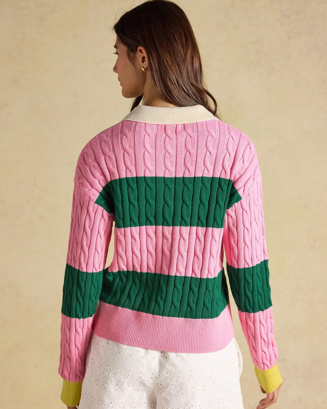 Joules Cable Knit Rugby Jumper - Pink/Green