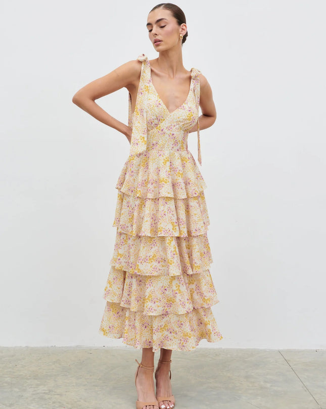 Fiore Tie Ruffle Midaxi Dress - Ditsy Floral
