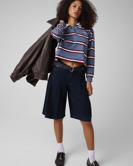 Guess Jeans Oversized Long Sleeve Polo Shirt - Blue/Burgundy