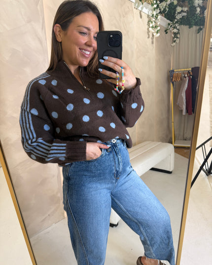 Polka Dot Quarter Zip Knit - Brown/Blue