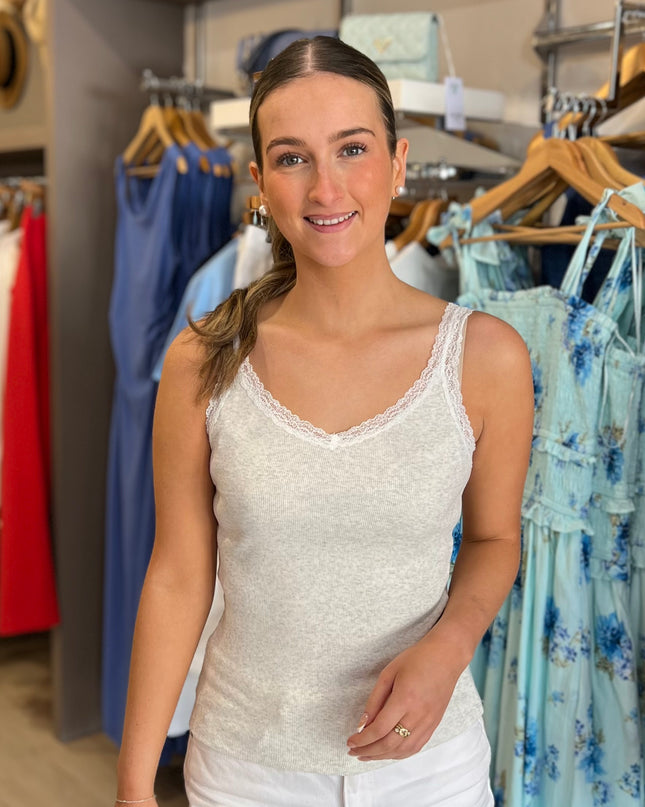 Lace Trim Ribbed Vest - Grey