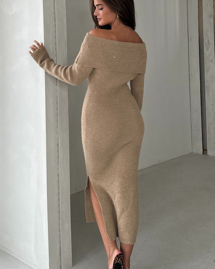 Brea Knitted Sequin Bardot Midi Dress - Camel
