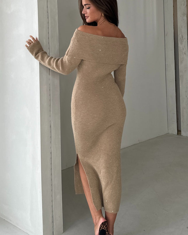 Brea Knitted Sequin Bardot Midi Dress - Camel