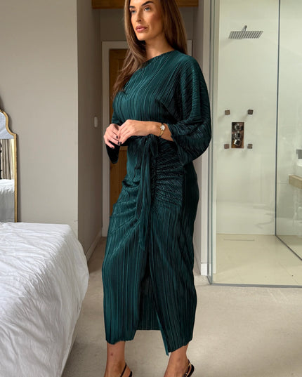 Vendy Off The Shoulder Ruched Detail Midi Dress - Emerald