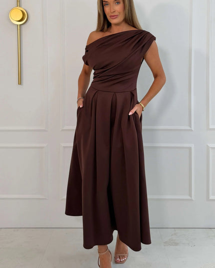Betty Asymmetric Neckline Skater Midi - Brown