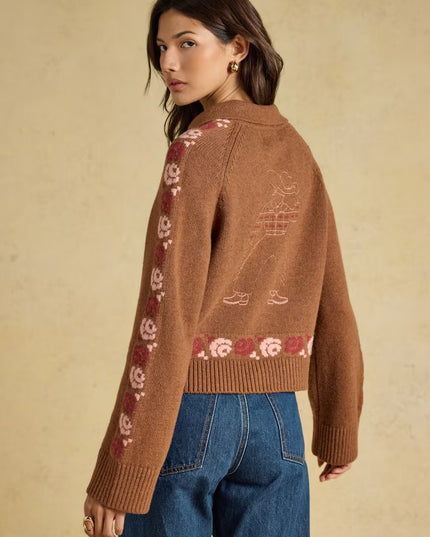Joules Embroidered Cowboy Tan Knitted Cardigan - Brown