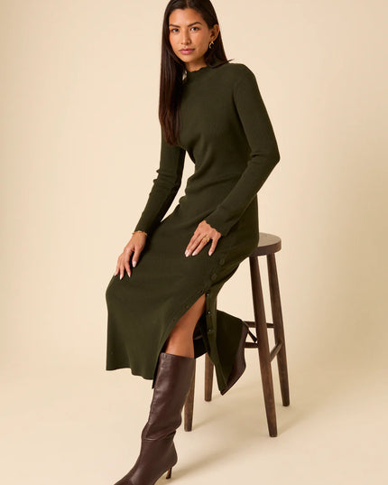 Knitted Long Sleeve Midi Dress - Dark Green