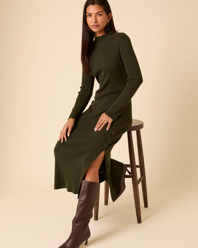 Knitted Long Sleeve Midi Dress - Dark Green