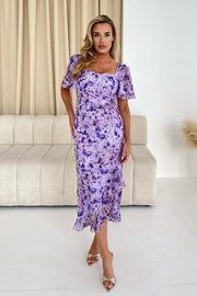 Heidi Floral Burnout Ruched Midi Dress - Purple