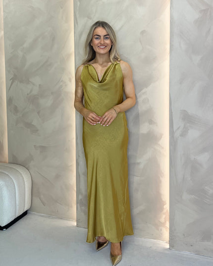 Cowl Neck Dress with Gold Hardware - Green