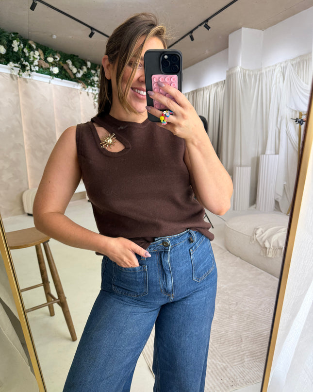 Cut Out Fine Knit Top - Coffee
