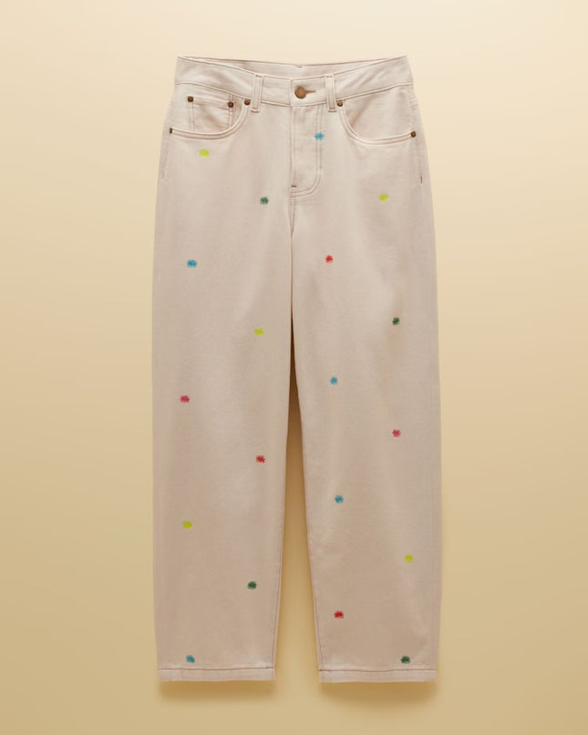 Embroidered High-Waisted Barrel Fit Jeans - Cream