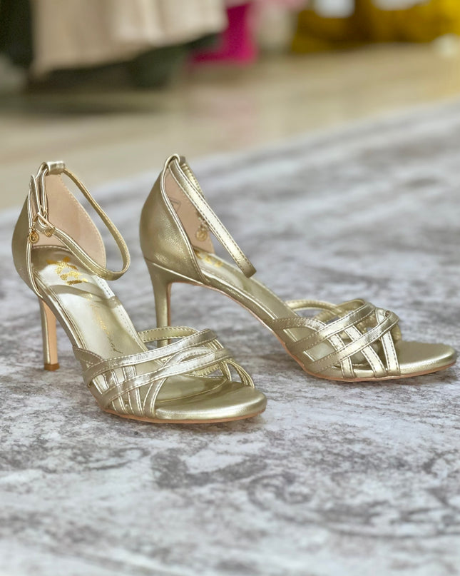 Gold Peep Toe Heeled Sandals
