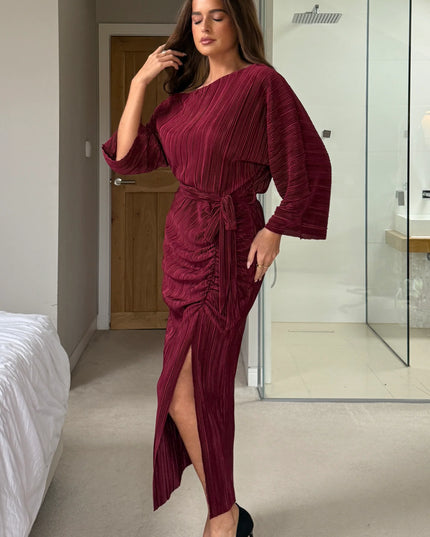 Vendy Off The Shoulder Ruched Detail Midi Dress - Berry