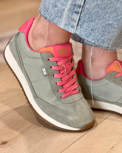 Mixed Textile Sneaker - Khaki/Pink