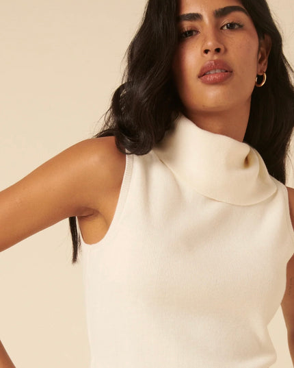 Ribbed Knitted Roll Neck Vest Top - White