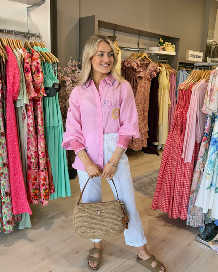 Orla Embroidered Icons Linen Shirt - Pink