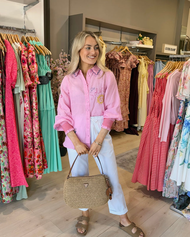 Orla Embroidered Icons Linen Shirt - Pink