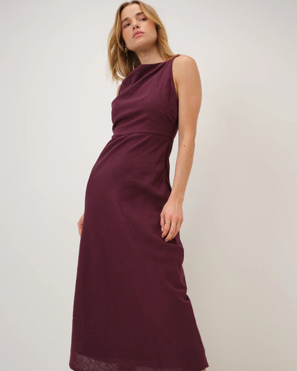 Kalani Linen-Blend Midi Dress - Plum