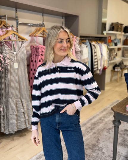 Guess Jeans Stripe Crop Polo Shirt - Navy/Pink