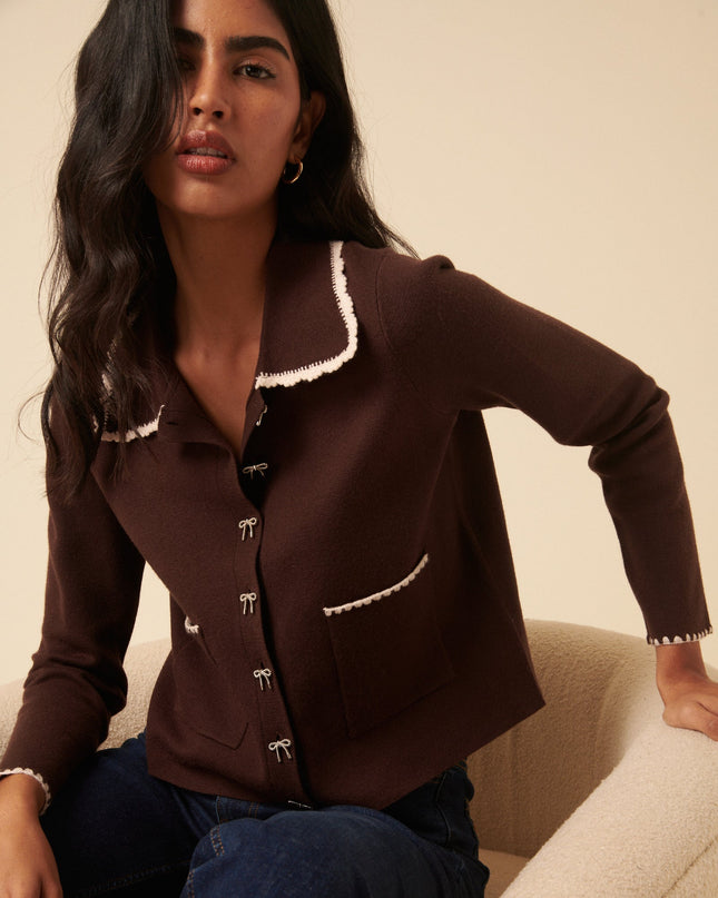 Crochet Collar Bow Button Cardigan - Brown